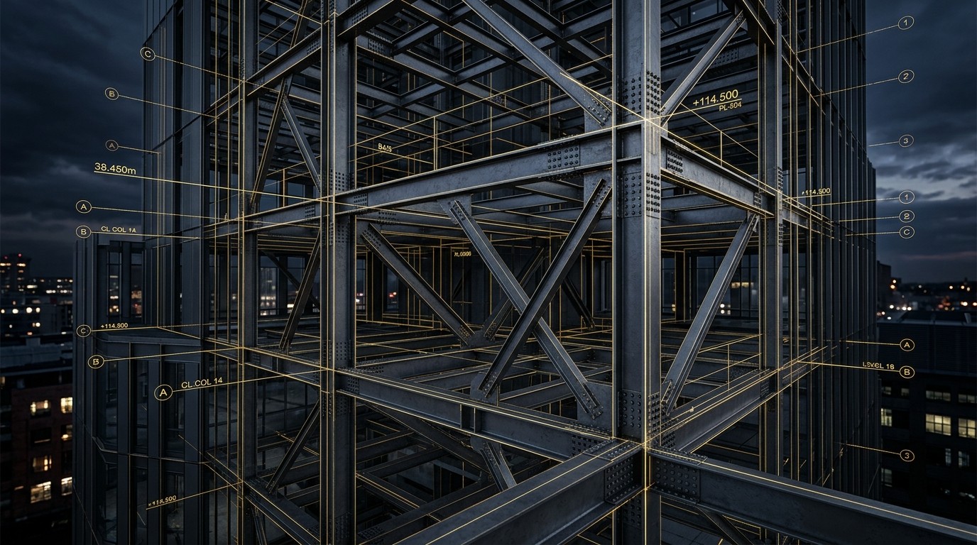 Structural steel frame at Mercury House with engineering markups