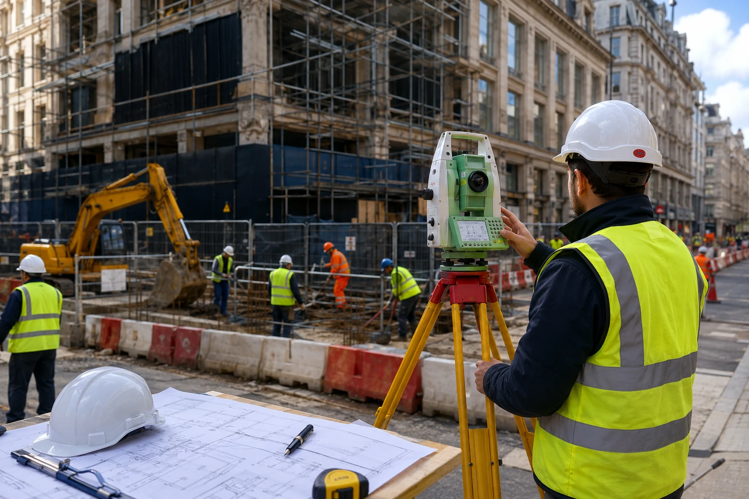 Setting-out engineer with a total station at the 96–100 Piccadilly redevelopment